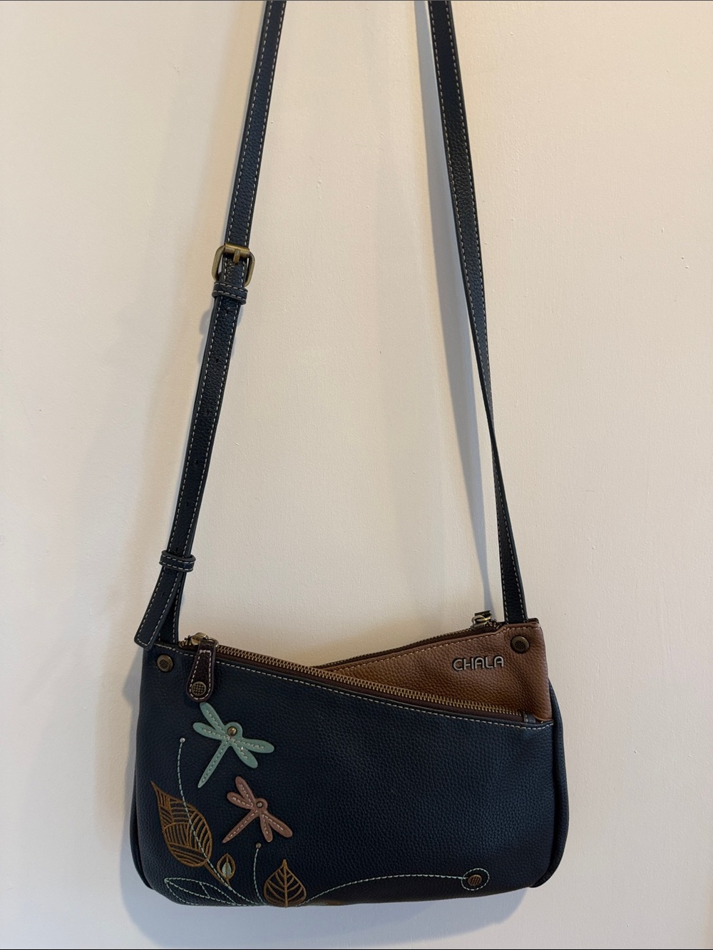 Chala EUC Dark Teal/Dark Tan Crossbody Bag with Dragonfly/Studded/Embroidery